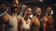 © Nico Vincentini - Fitness enthusiasts enjoying a workout session at the gym, friends train together. Participating in a cheerful Pilates class, expressing happiness through exercise, Generative AI.