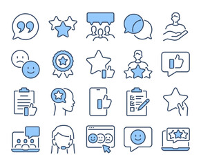customer review, feedback and opinion blue editable stroke outline icons set isolated on white backg