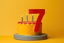 Birthday Yellow Cake On A 7 Years Decorated With Topper Number Seven . Copy Space. Generative AI