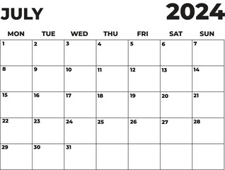 Wall Mural - July 2024 Black and White Monday Start Landscaped Monthly Planner, Monday Start Calendar 2024