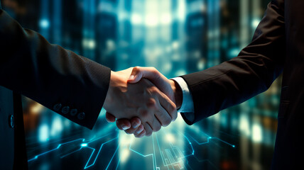 double exposure of forex graph hologram and handshake of two men. stock market concept. Generative AI