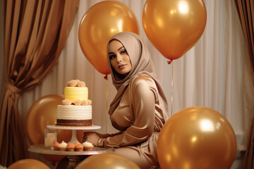 Muslim woman sitting in a decorated room with a birthday cake