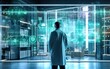 © GulArt - Scientist doctor in white coat standing in front of futuristic medical technical device with screen and looking at it, back view of doctor, generative ai