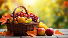Beautiful Autumn Still Life Of A Basket Of Fruits, Grapes, Leaves 