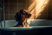 Cute Little Dog Dachshund, Black And Tan, Taking A Bubble Bath With His Paws Up On The Rim Of The Tub