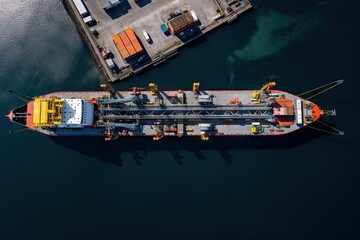 Industrial port and large cargo ship at port in ocean. Shipping and transportation. Export and import trade. Logistics and delivery