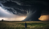 Fototapeta  - Tiny man in front of dangerous tornado. Storm chaser, tornado hunter. Stormy clouds landscape. Photorealistic Ai generated illustration