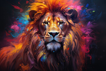  Lion in Colorful Jungle: AI technology brings this powerful image to life, showcasing a magnificent lion amidst a jungle backdrop filled with brilliant hues.