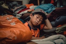 Exhausted And Tired Mexican Boy Sleeping In An Immigration Center Surrounded By Bags And Used Clothes. Concept Of Migrant And Refugee Children.