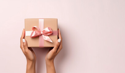 Wall Mural - Overhead view of a woman holding a pink gift box with pink bow