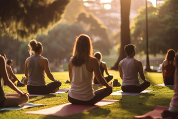 a group of people with different physical abilities participating in a summer yoga class in a park