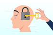 © Art of Ngu - Businessman hand holding secret key to unlock ideas on human head, unlock business idea, motivation to find out and search for business opportunity or creativity (Vector)