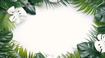 Wall Mural - Generative AI : Creative layout made of colorful tropical leaves on white background. Minimal summer exotic concept with copy space. Border arrangement.