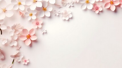 Poster - Generative AI : Styled stock photo. Feminine wedding desktop mockup with Blossoming Garden and white background. Empty space. Top view. Picture for blog.