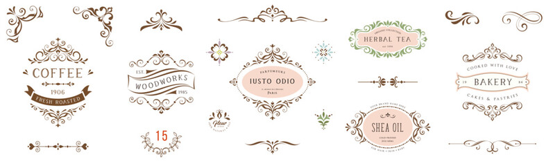ornate vintage frames, labels, scroll and logo elements. classic calligraphy swirls, swashes, floral