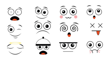 Cartoon faces. Expressive eyes and mouth, smiling, crying and surprised character face expressions. Caricature comic emotions or emoticon doodle. Isolated vector illustration icons set