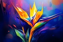 Bird Of Paradise Wallpaper With One Large Flower For All Art Flowing Style Alcohol Ink Glow Dark Greenish Blue Background.