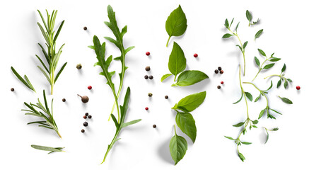 Wall Mural - fresh mediterranean herb and spices with real transparent shadow isolated on transparent background. PNG Food background design element