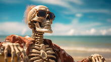 Closeup Of Skeleton Zombie Relaxing By The Beach On Vacation