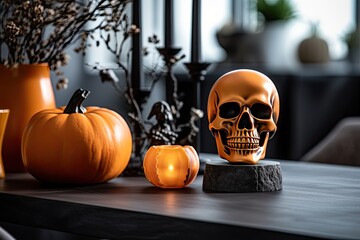 Wall Mural - Halloween decorative composition of skull, pumpkins, candles on shelf in cozy living room. Close up. Generative AI.