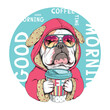 Cute english bulldog puppy in funny pajamas with bunny ears. Bulldog in sunglasses.  Dog with a cup of coffee. Good morning illustration. Stylish image to print on any surface