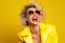 Blond Young Happy Woman Laughing Wearing 80s Fashion In Stylish Woman Posing As Supermodel Generative AI
