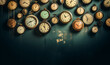 © annebel146 - Collection of vintage clock hanging on an old green wall,retro stylish design. Round clocks show different times.