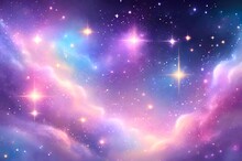Abstract Art Background Of Colourful Galaxies And Glittering Constellation Stars In Dreamy Pastels Hue. Illustration For Graphic Design, Template, Wallpaper, Backdrop