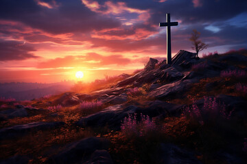 Wall Mural - Holy silhouette: Cross atop hill at sunset embracing divine grace