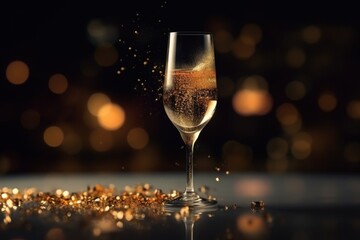 A glass of champagne on a golden background with highlights for christmas and new year. With Generative AI technology