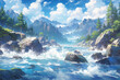 Anime fervor: A roaring river with swift currents dances over jagged rocks, capturing nature's untamed energy and drama.