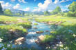 Anime tranquility: A pristine Japanese stream flows through vibrant green fields, painting a scene of serene beauty