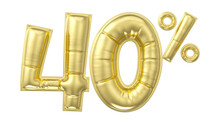 40 Percent Discount. Gold Glossy Balloon In The Shape Of A Number. 3D Rendering
