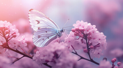 Wall Mural - A butterfly on a stem of pale pink flowers 