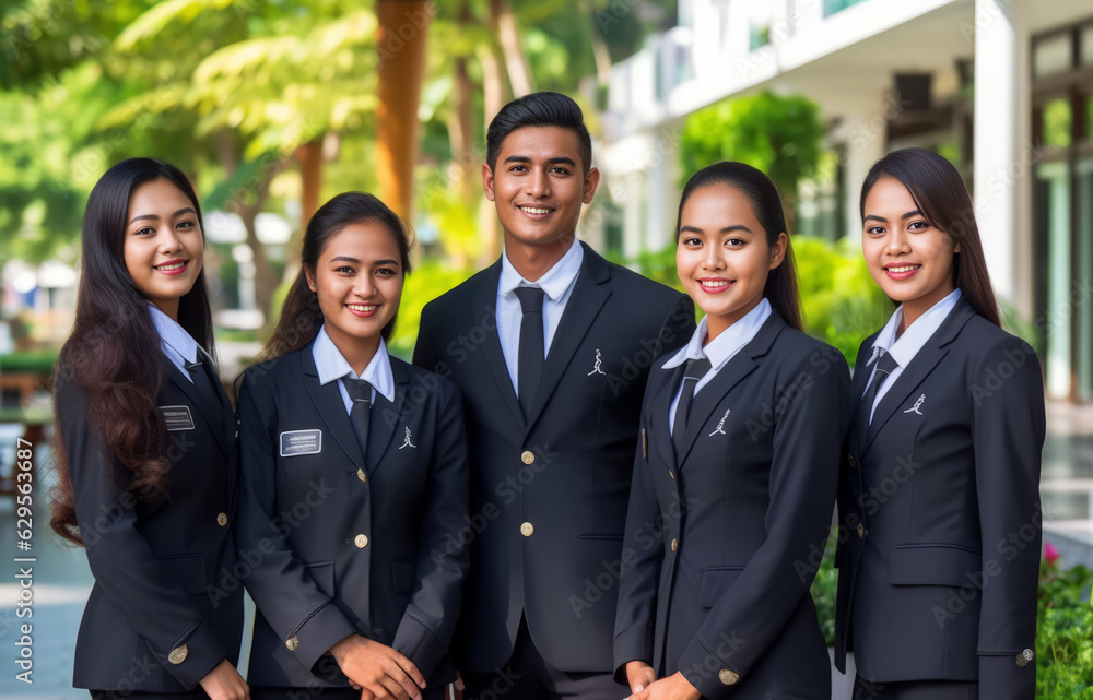 Advertising portrait shot of a hotel staff team together in front of the entrance of the luxury hotel . Generative Ai