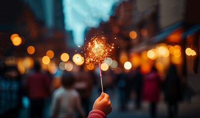 Children with fireworks stick. Holiday dynamic postcard. Happy children holding a lighted fireworks on a blurred background of a bright Christmas garland.  Christmas Happy New Year 