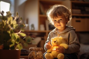 Wall Mural - Illustration of a young child playing inside an apartment - Portrait created with Generative Ai