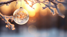 Sun's Rays Pass Through The Ball , Snow And Glass Globe Hanging From Branches. Christmas Lights In Background.