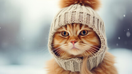 Wall Mural - Close up photo cat in a gray knitted hat on winter background 