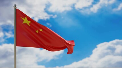 Poster - China country flag waving on blue sky background. 3d video footage 