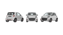 3D Rendering White Mini Nano Car Front, Back, And Side Isolated On White Background, Urban Electric S Power Style Model Cute