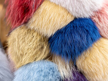 Soft Cute Colorful Fluffy Furry Fuzzy Decorative Fur Balls Simple Background Texture, Backdrop, Multi Colored Group Of Objects Up Close Softness, Coziness, Comfort Abstract Concept, Accessories Nobody