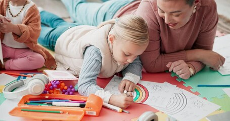 Wall Mural - Mom, children and drawing on living room floor for bonding, teaching and learning together. Color pencil, paper and art, mother and kids in creative play for development, quality time and family home