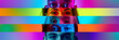 © Lustre Art Group  - Cropped male and female different eyes placed on colored narrow stripes, lines. Concept of human emotions, facial expressions. Horizontal banner. Point of view