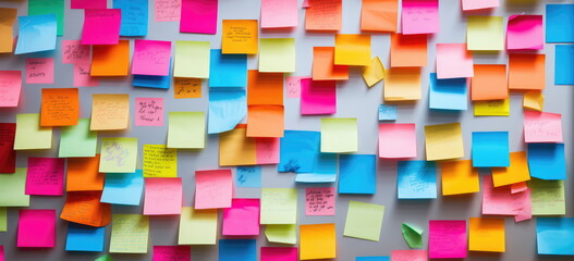 Many colorful, sticky notes, or adhesive notes on a wall or bulletin board. Genrative AI.