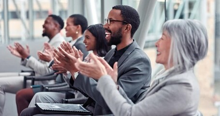 Wall Mural - Happy business people, applause and celebration in workshop for presentation, meeting or seminar at office. Group of employees clapping for team achievement, motivation or success at the conference