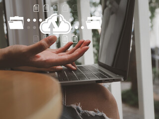 Wall Mural - cloud data transmission young woman's hand showing data file transfer on cloud database. on the inte
