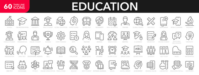 education and e-learning icons set. learning, school, student, college, teacher, sciences, e-book an