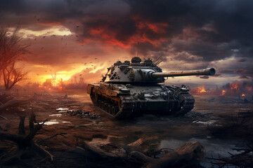 Photo realistic illustration tank on the battlefield. Veterans Day. World War background