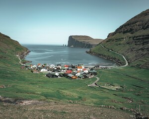 Poster - Breathtaking view of a traditional village situated on the Faroe Islands